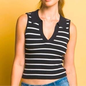 179- Black Striped Sleeveless V-Neck Top